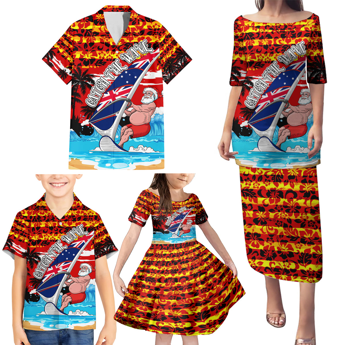 australia-surfing-christmas-family-matching-puletasi-dress-and-hawaiian-shirt-catch-the-wave