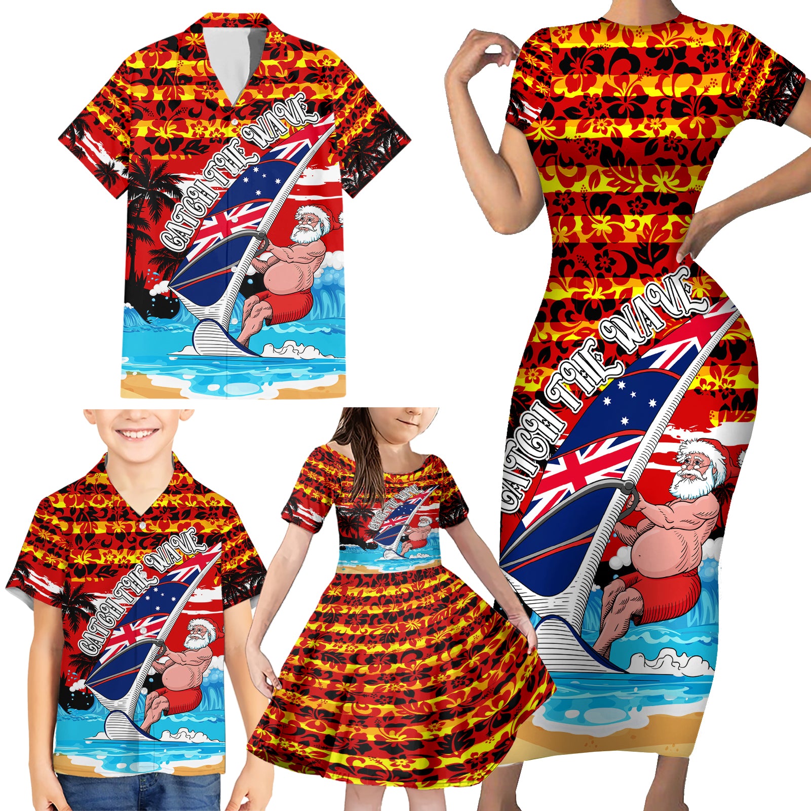 australia-surfing-christmas-family-matching-short-sleeve-bodycon-dress-and-hawaiian-shirt-catch-the-wave