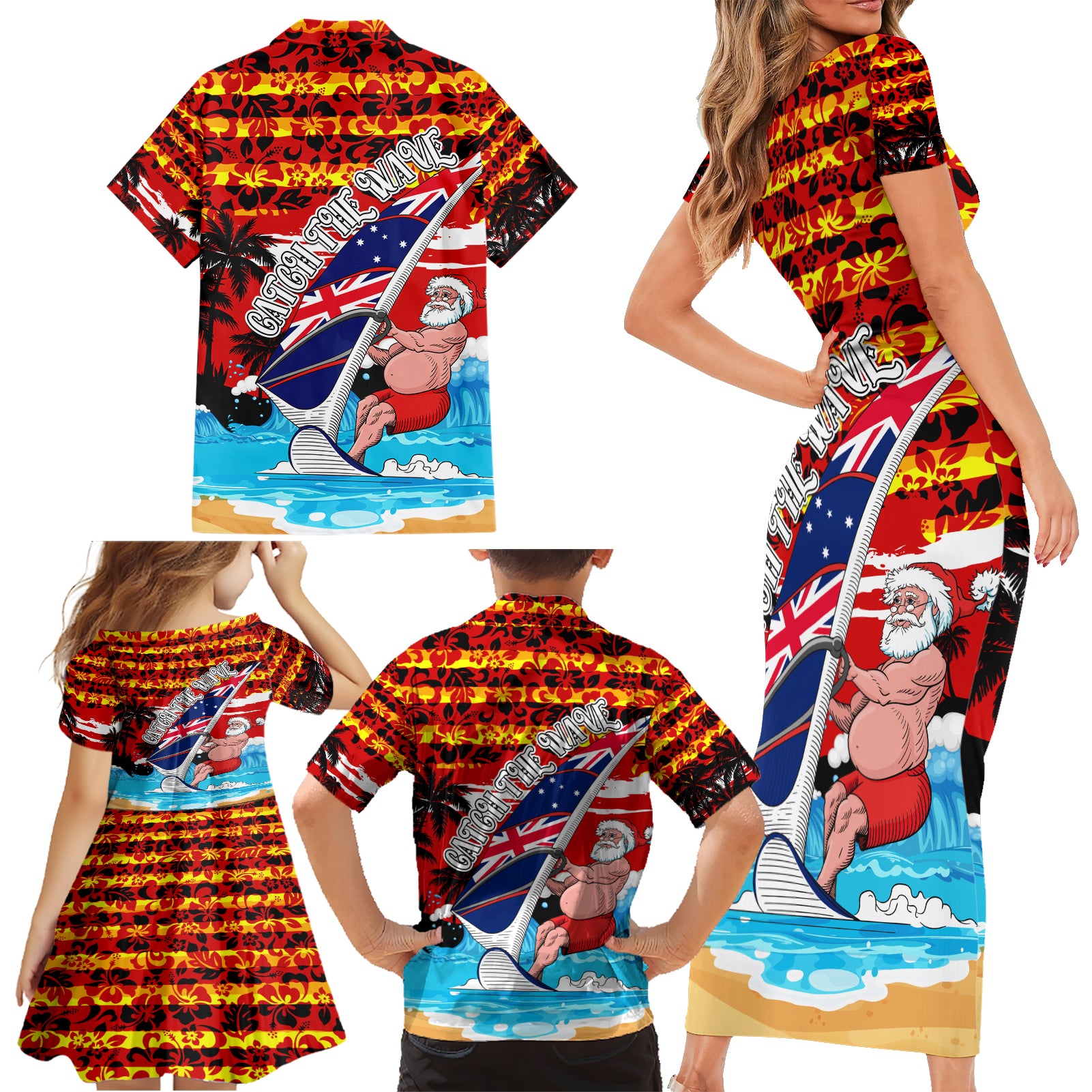 australia-surfing-christmas-family-matching-short-sleeve-bodycon-dress-and-hawaiian-shirt-catch-the-wave