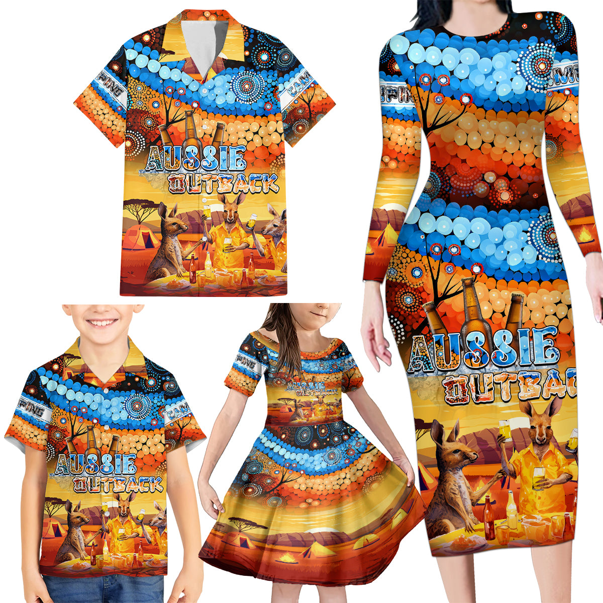 australia-kangaroo-aboriginal-camping-family-matching-long-sleeve-bodycon-dress-and-hawaiian-shirt-aussie-outback-camping-with-beer