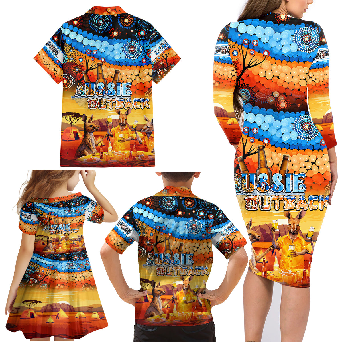 australia-kangaroo-aboriginal-camping-family-matching-long-sleeve-bodycon-dress-and-hawaiian-shirt-aussie-outback-camping-with-beer