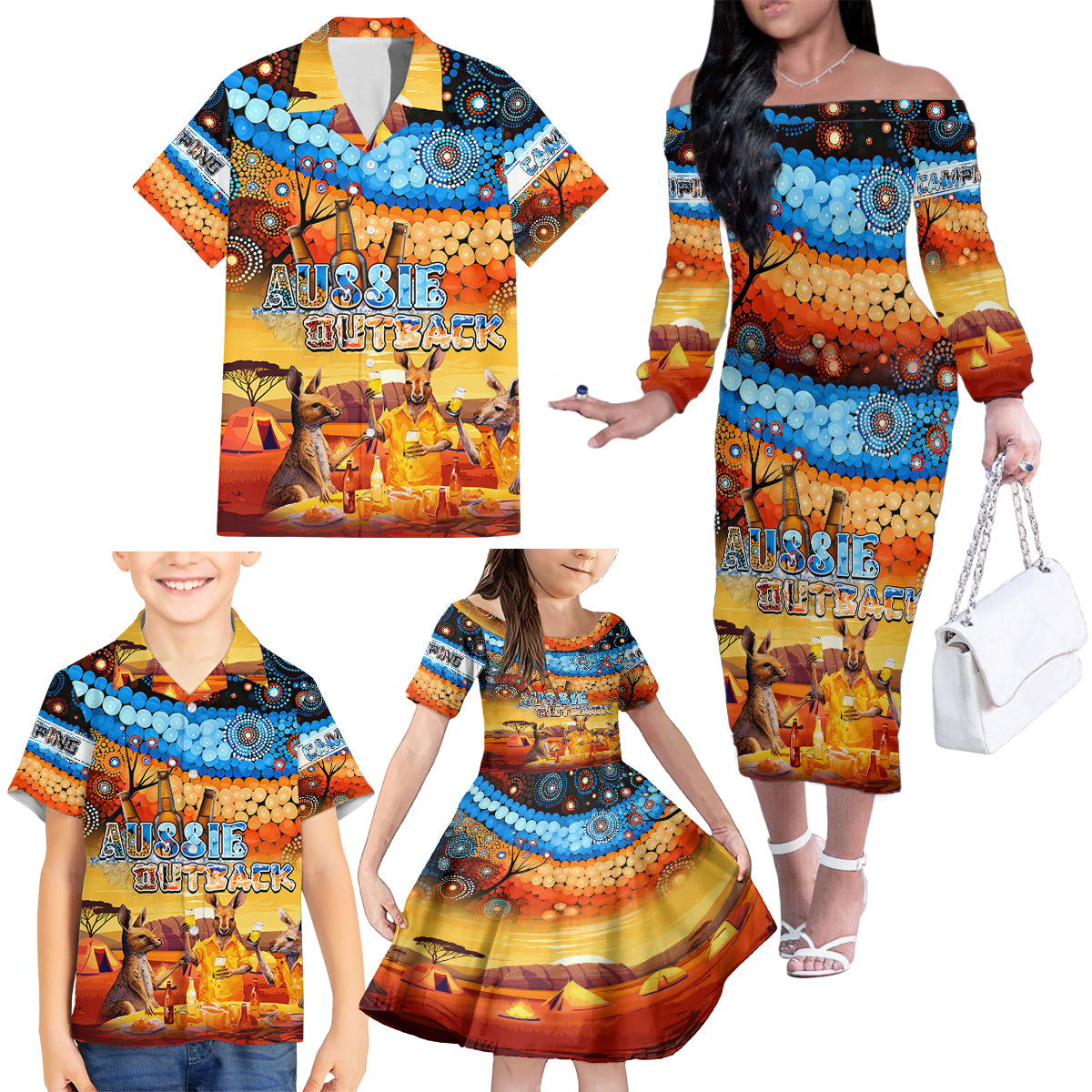 australia-kangaroo-aboriginal-camping-family-matching-off-shoulder-long-sleeve-dress-and-hawaiian-shirt-aussie-outback-camping-with-beer