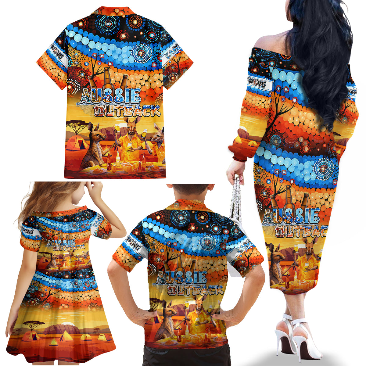 australia-kangaroo-aboriginal-camping-family-matching-off-shoulder-long-sleeve-dress-and-hawaiian-shirt-aussie-outback-camping-with-beer