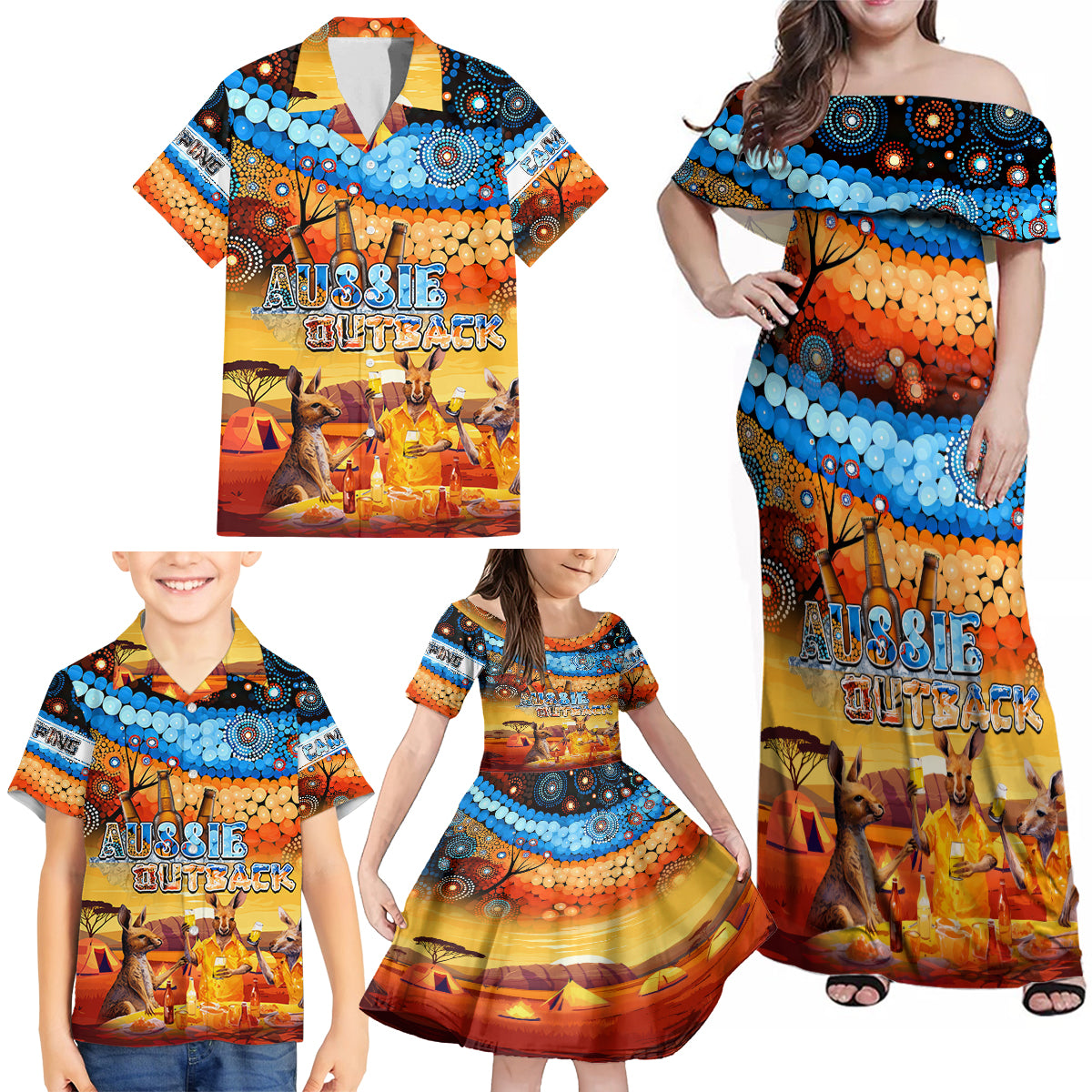 australia-kangaroo-aboriginal-camping-family-matching-off-shoulder-maxi-dress-and-hawaiian-shirt-aussie-outback-camping-with-beer