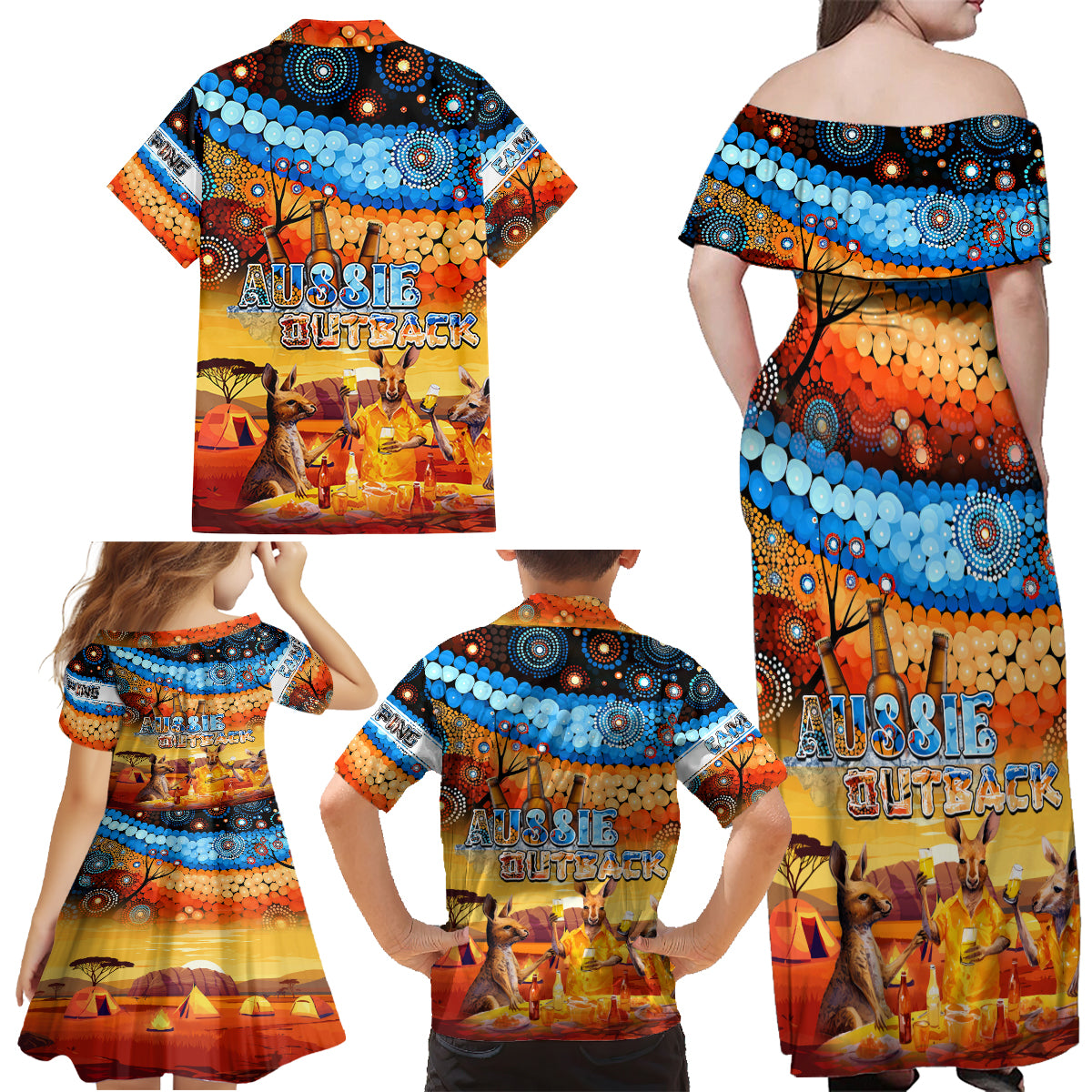 australia-kangaroo-aboriginal-camping-family-matching-off-shoulder-maxi-dress-and-hawaiian-shirt-aussie-outback-camping-with-beer