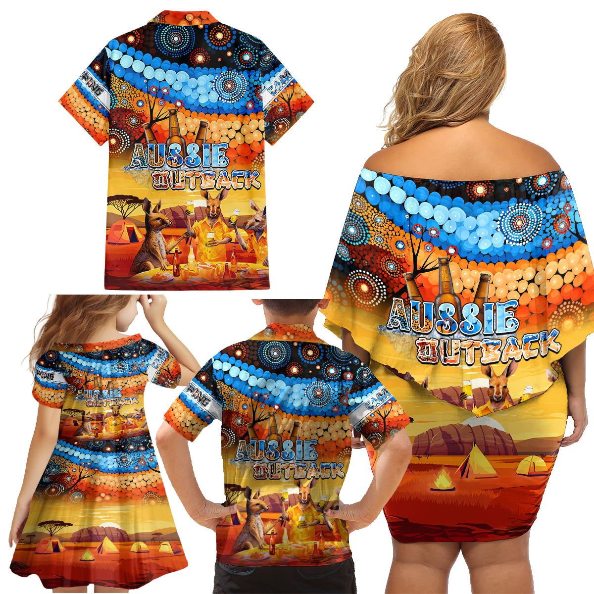 australia-kangaroo-aboriginal-camping-family-matching-off-shoulder-short-dress-and-hawaiian-shirt-aussie-outback-camping-with-beer