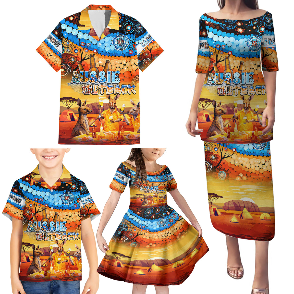 australia-kangaroo-aboriginal-camping-family-matching-puletasi-dress-and-hawaiian-shirt-aussie-outback-camping-with-beer