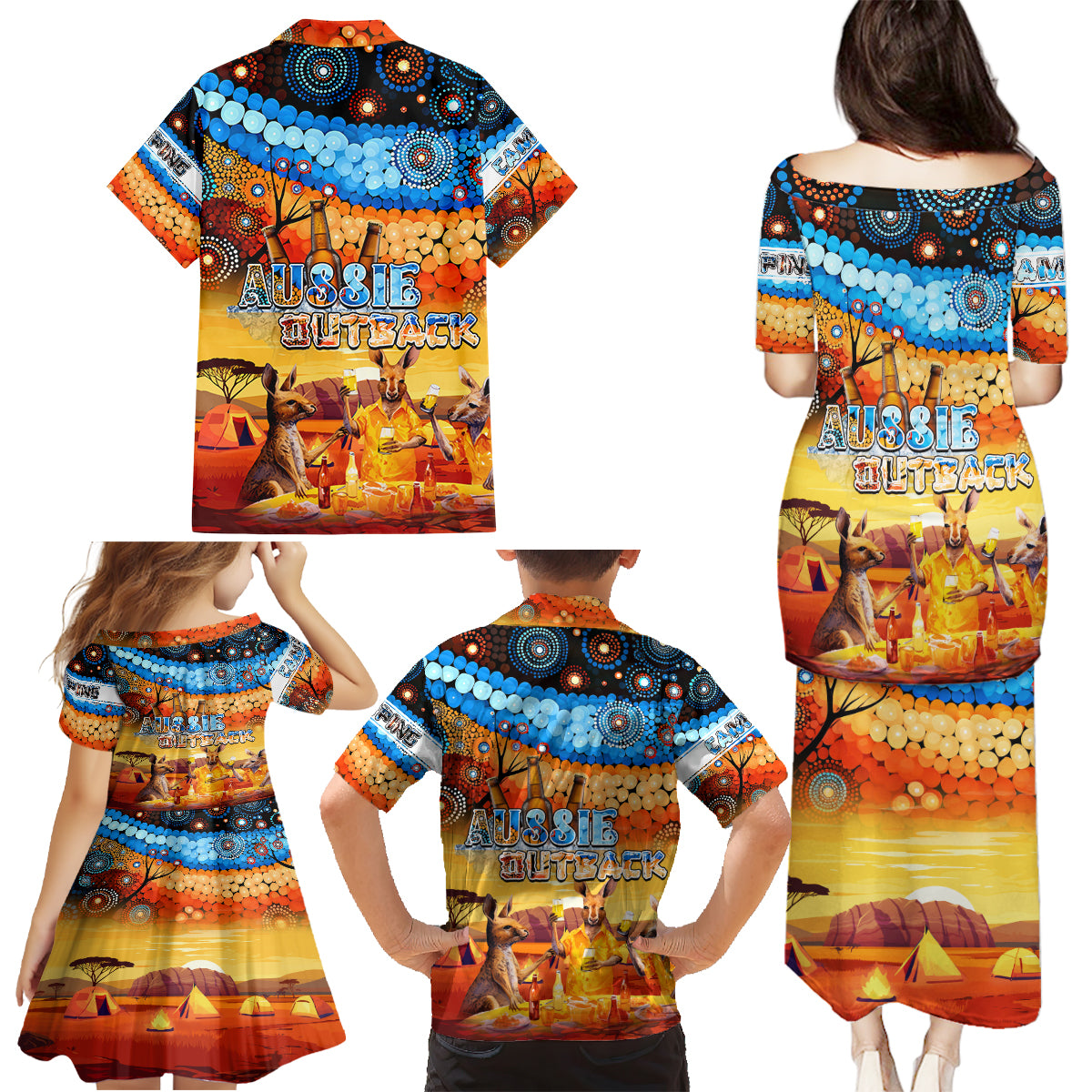 australia-kangaroo-aboriginal-camping-family-matching-puletasi-dress-and-hawaiian-shirt-aussie-outback-camping-with-beer