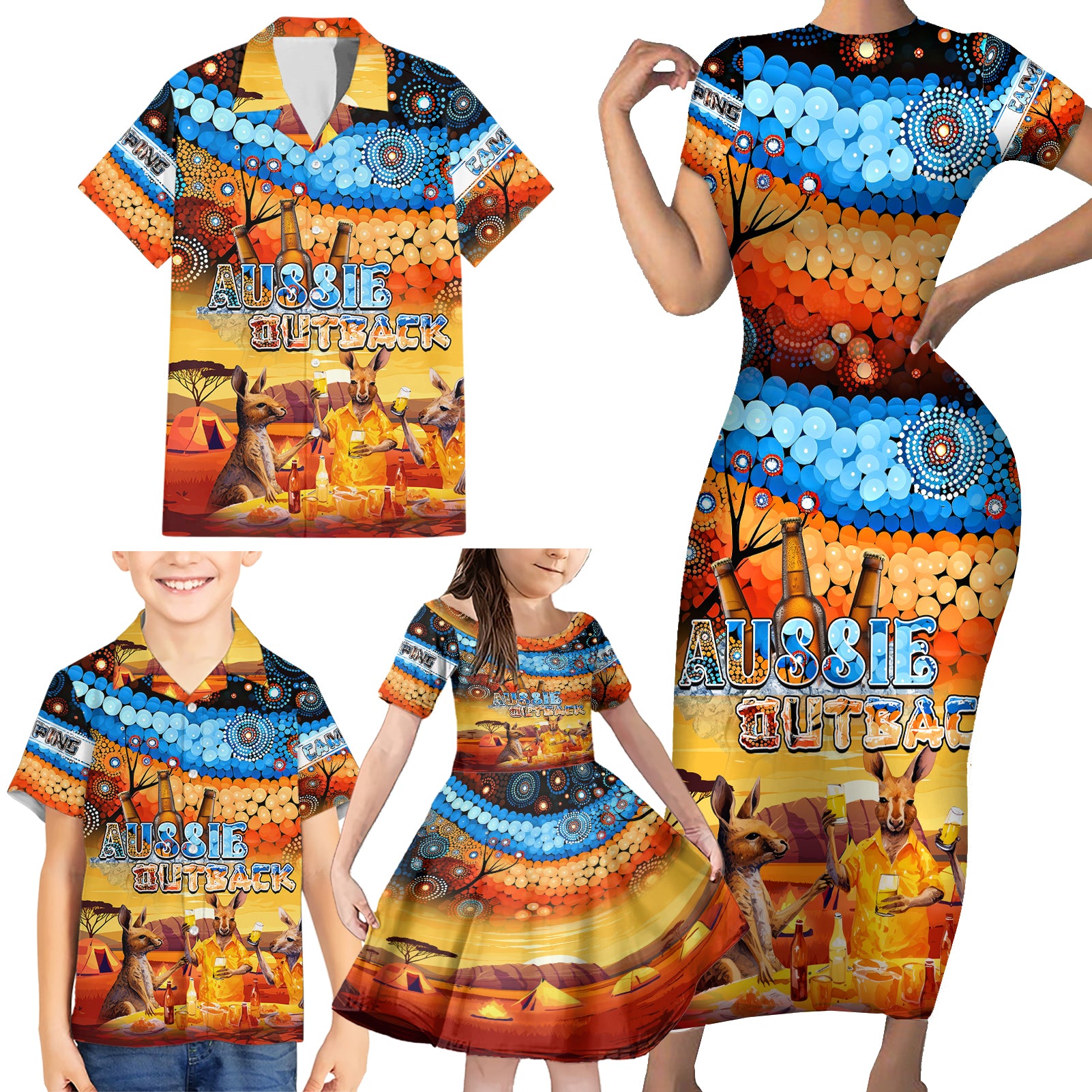 australia-kangaroo-aboriginal-camping-family-matching-short-sleeve-bodycon-dress-and-hawaiian-shirt-aussie-outback-camping-with-beer