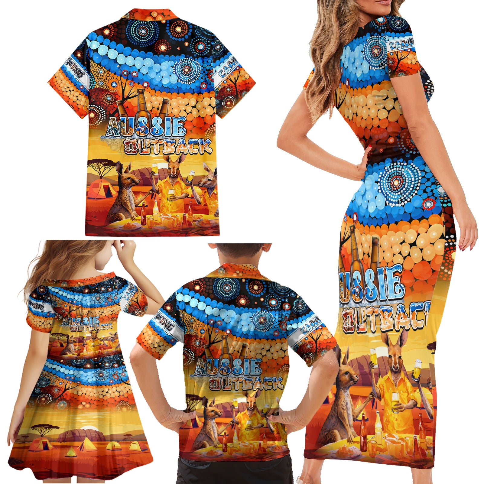 australia-kangaroo-aboriginal-camping-family-matching-short-sleeve-bodycon-dress-and-hawaiian-shirt-aussie-outback-camping-with-beer