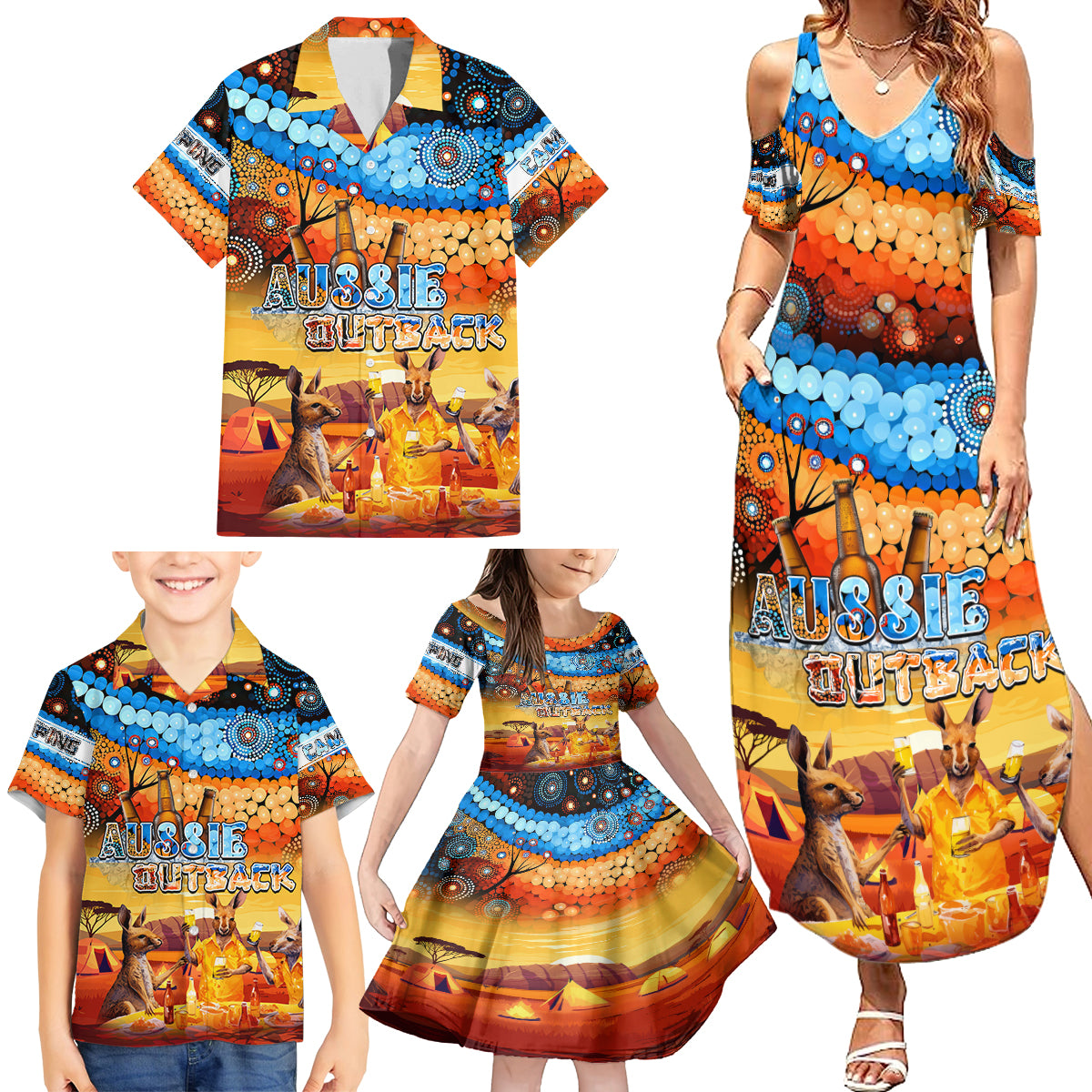 australia-kangaroo-aboriginal-camping-family-matching-summer-maxi-dress-and-hawaiian-shirt-aussie-outback-camping-with-beer