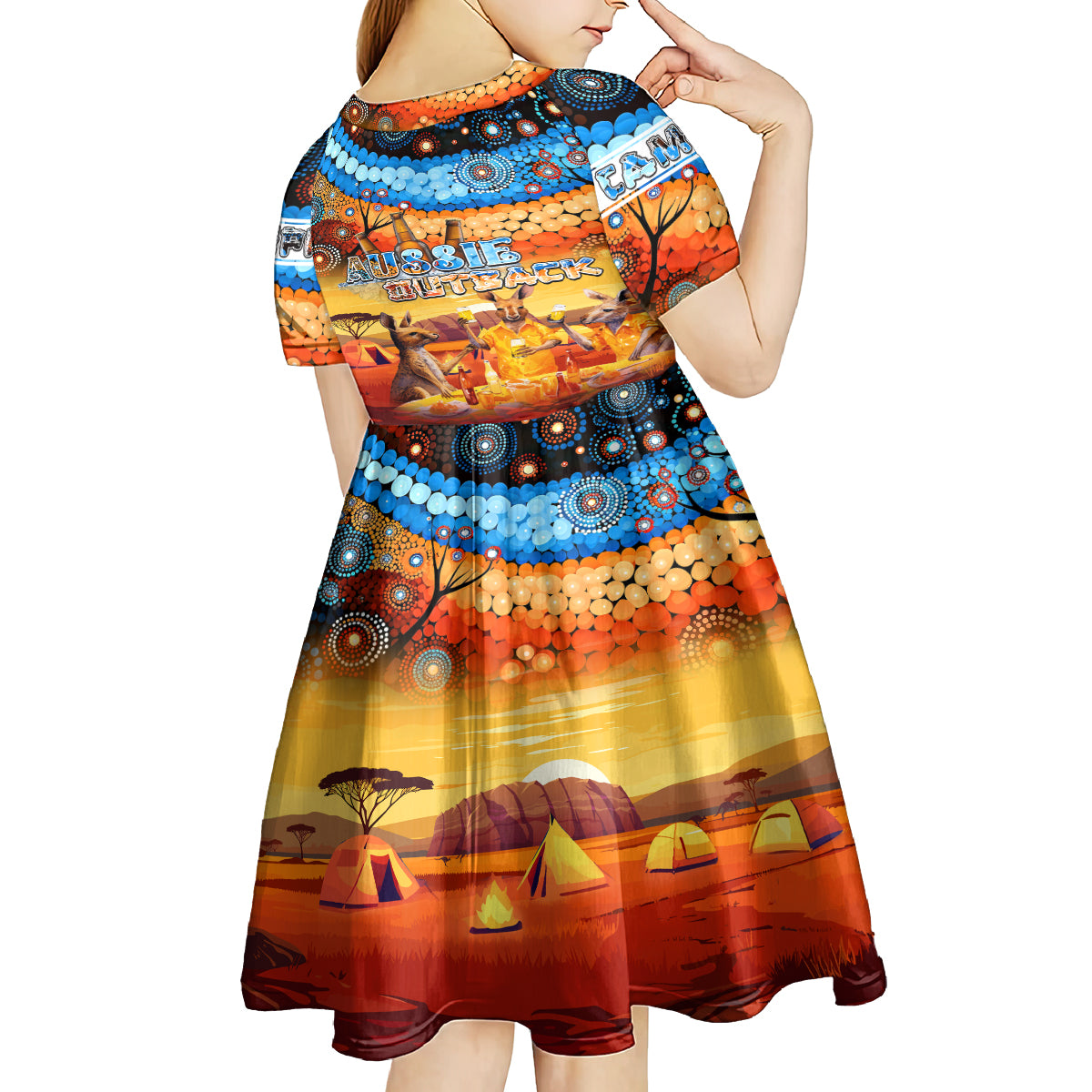 Australia Kangaroo Aboriginal Camping Kid Short Sleeve Dress Aussie Outback Camping with Beer - Vibe Hoodie Shop