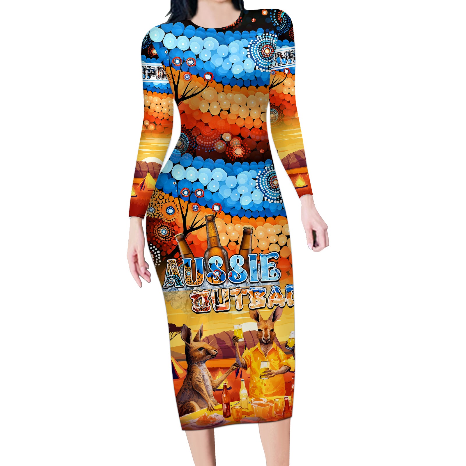 australia-kangaroo-aboriginal-camping-long-sleeve-bodycon-dress-aussie-outback-camping-with-beer