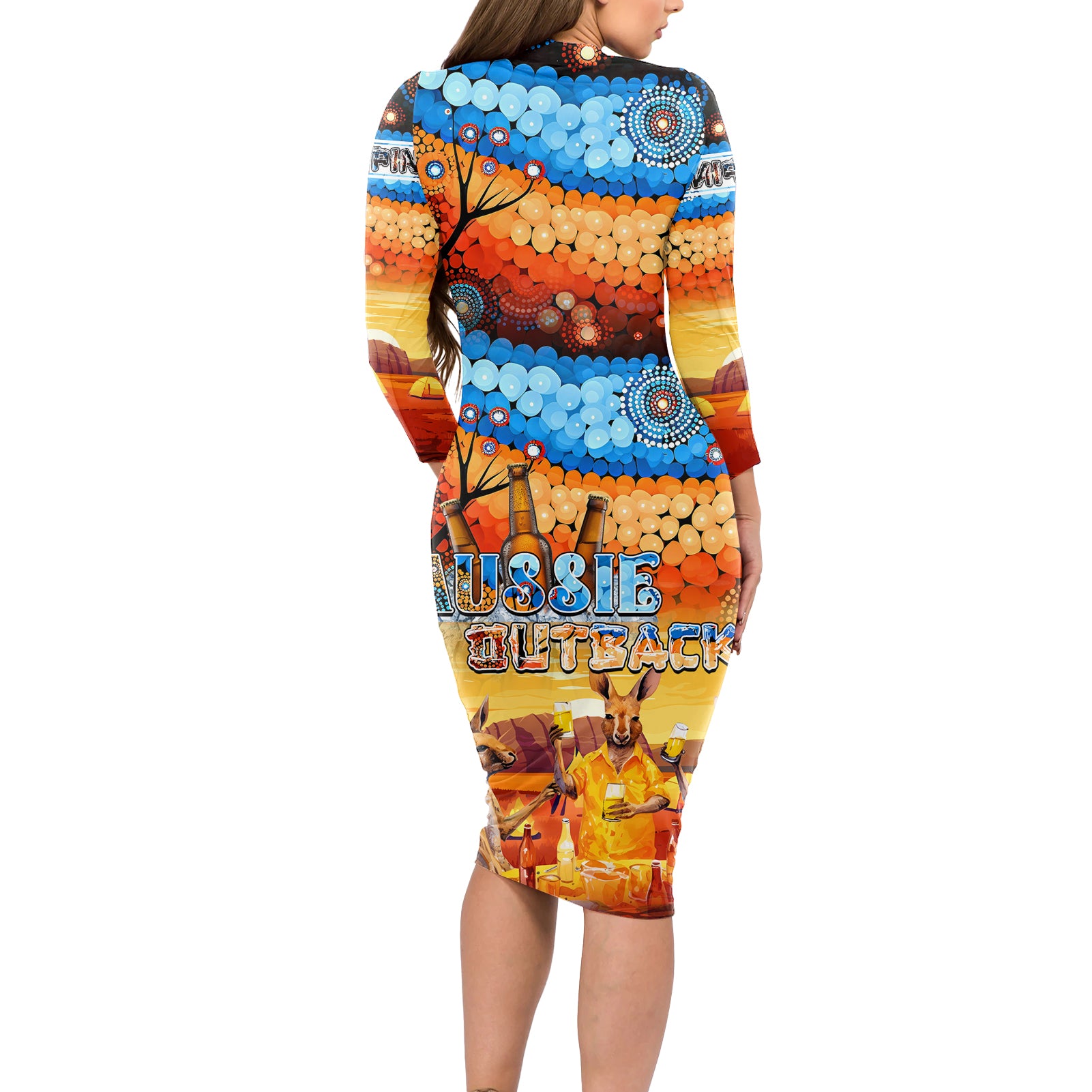 australia-kangaroo-aboriginal-camping-long-sleeve-bodycon-dress-aussie-outback-camping-with-beer