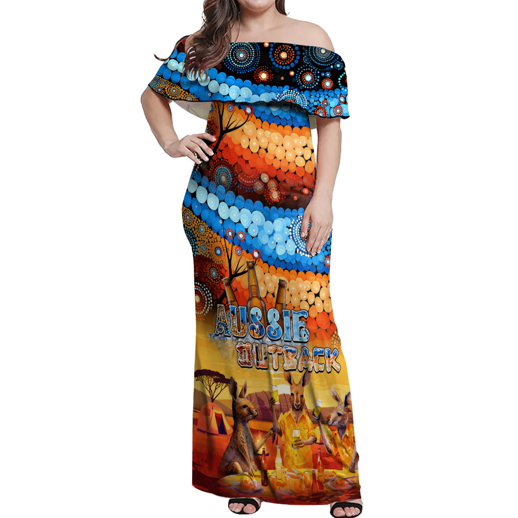 australia-kangaroo-aboriginal-camping-off-shoulder-maxi-dress-aussie-outback-camping-with-beer