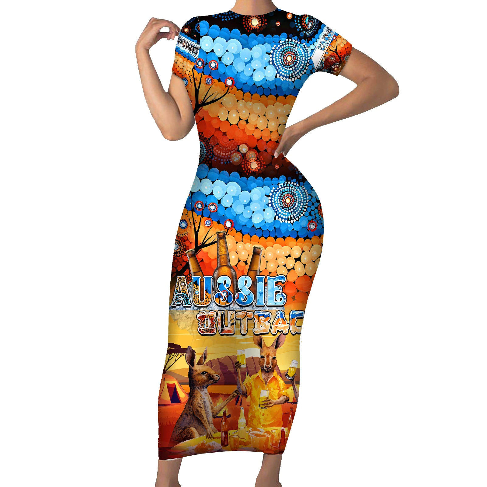 australia-kangaroo-aboriginal-camping-short-sleeve-bodycon-dress-aussie-outback-camping-with-beer