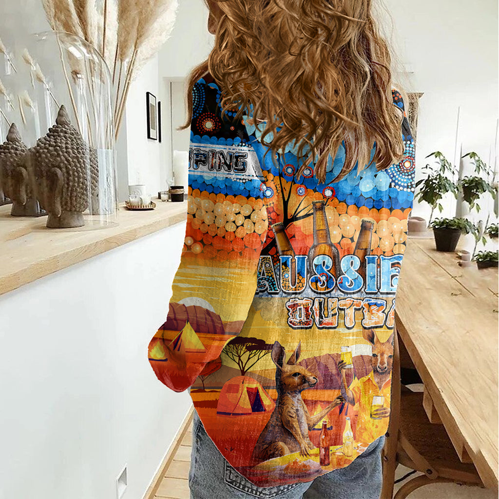 Australia Kangaroo Aboriginal Camping Women Casual Shirt Aussie Outback Camping with Beer - Vibe Hoodie Shop