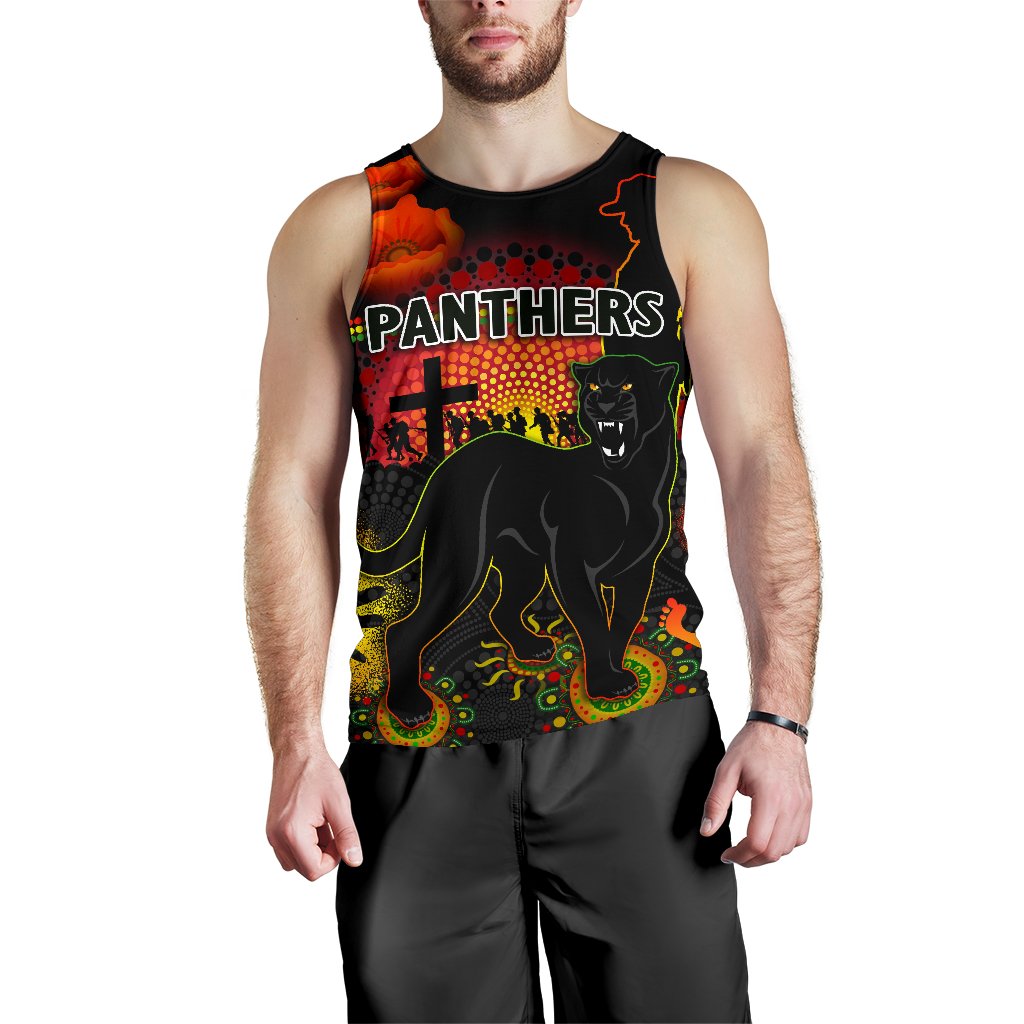 Penrith Men Tank Top Indigenous Panthers ANZAC Day Lest We Forget - Vibe Hoodie Shop