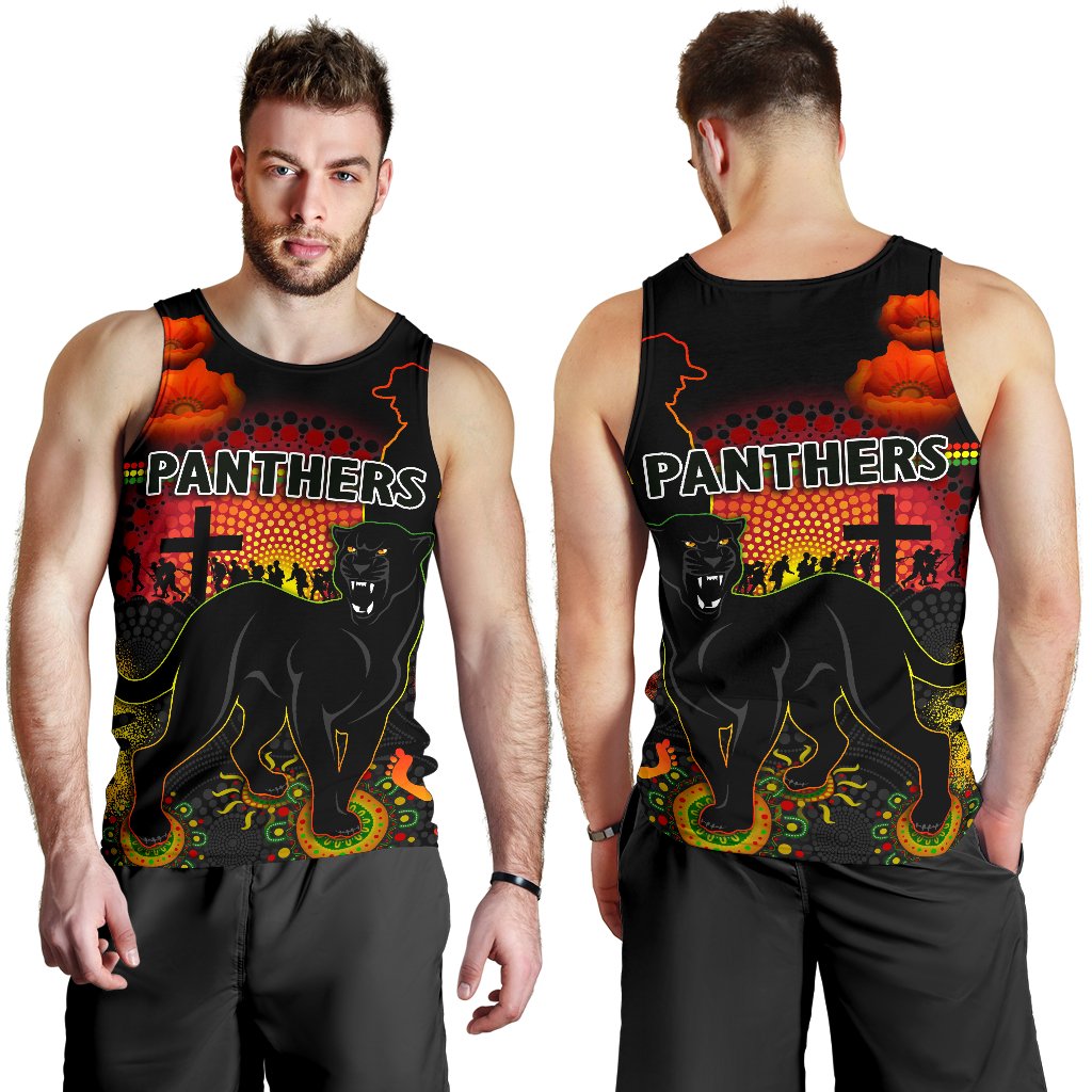 Penrith Men Tank Top Indigenous Panthers ANZAC Day Lest We Forget - Vibe Hoodie Shop