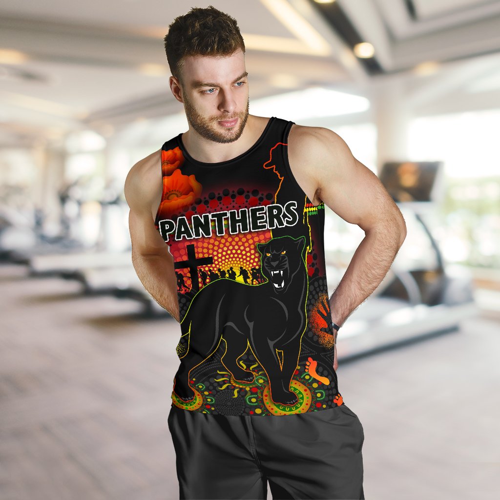 Penrith Men Tank Top Indigenous Panthers ANZAC Day Lest We Forget - Vibe Hoodie Shop