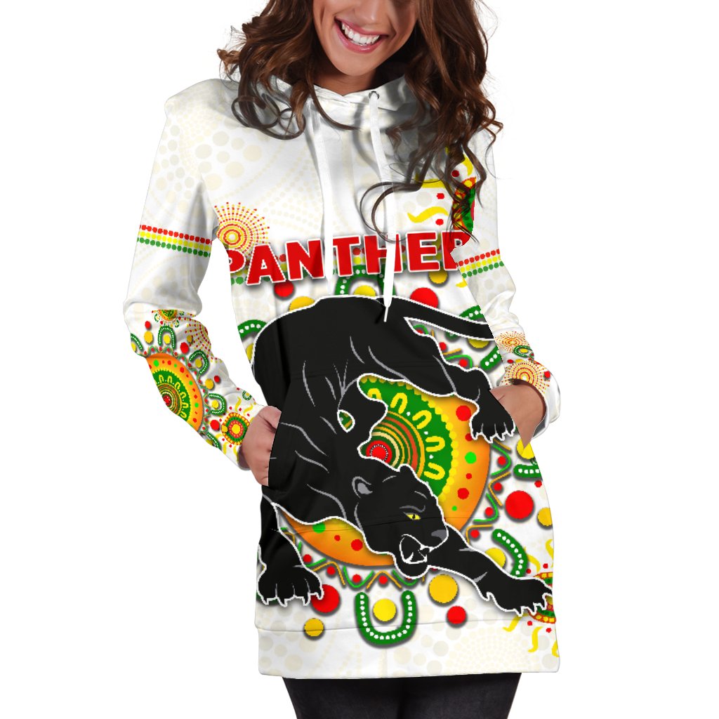 Penrith Women's Hoodie Dress Indigenous Panthers - White - Vibe Hoodie Shop