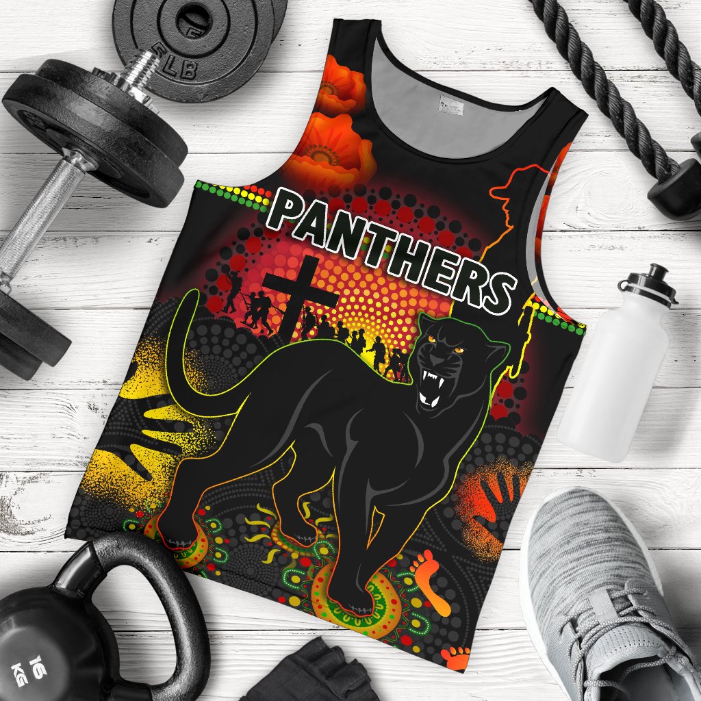 Penrith Men Tank Top Indigenous Panthers ANZAC Day Lest We Forget - Vibe Hoodie Shop