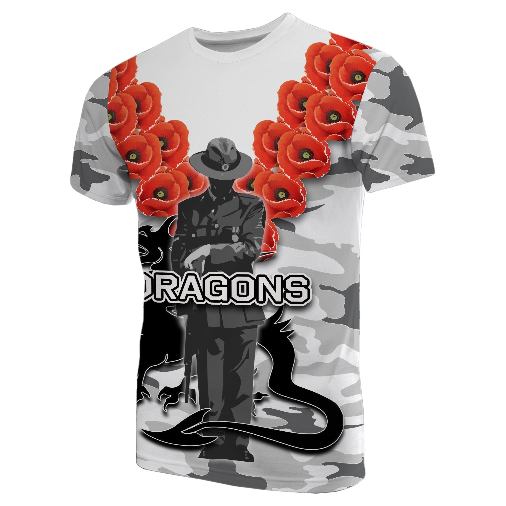 (Custom Personalised) St. George Illawarra Dragons T shirt ANZAC Day Army Patterns White