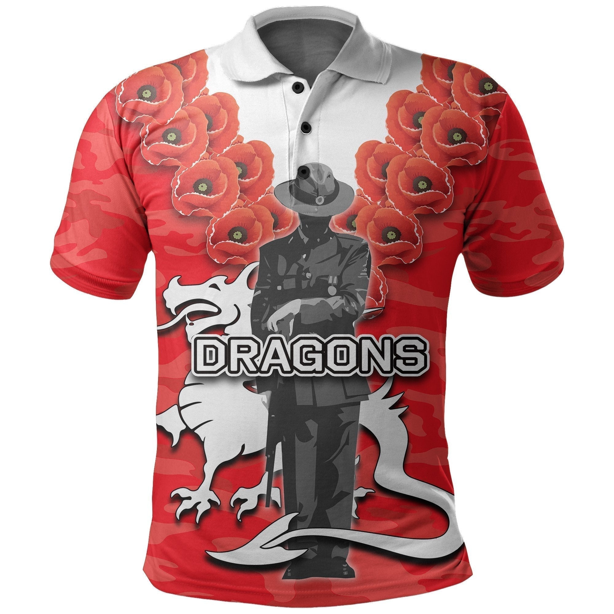 St. George Illawarra Dragons Polo Shirt ANZAC Day Army Patterns Red