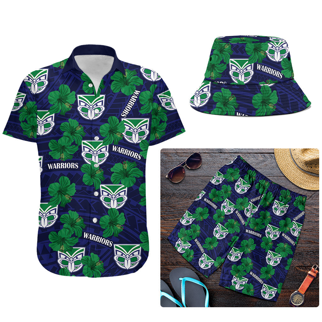 New Zealand Warriors Rugby Combo Hawaiian Shirt, Men Short and Bucket Hat Polynesian Style With Hibiscus LT9