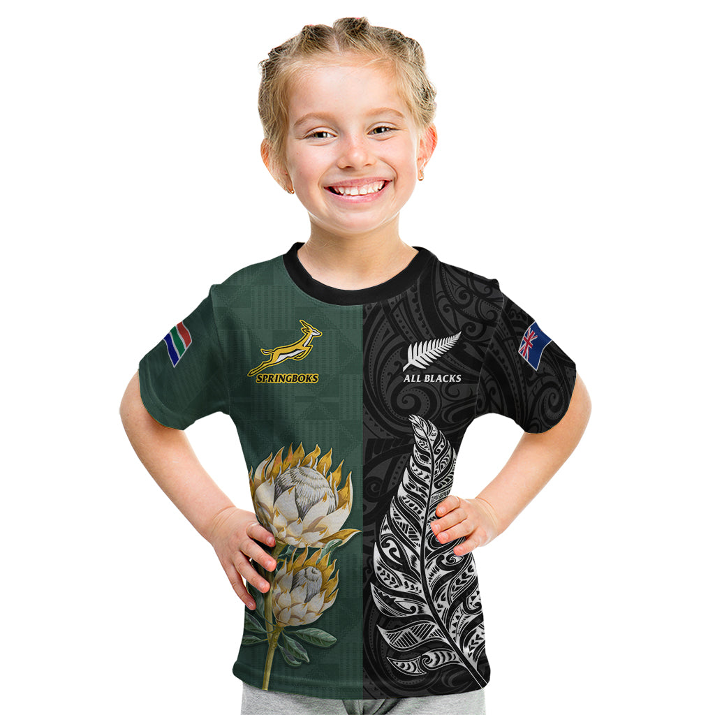 (Custom Text and Number) South Africa Protea and New Zealand Fern T Shirt Rugby Go Springboks vs All Black - Vibe Hoodie Shop