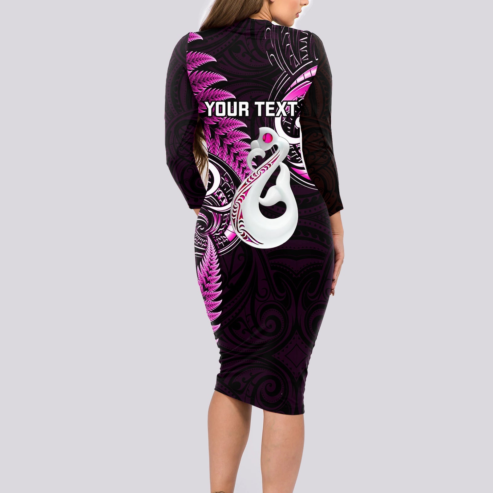 Personalised New Zealand Long Sleeve Bodycon Dress Aotearoa Silver Fern With Manaia Maori Unique Pink LT14