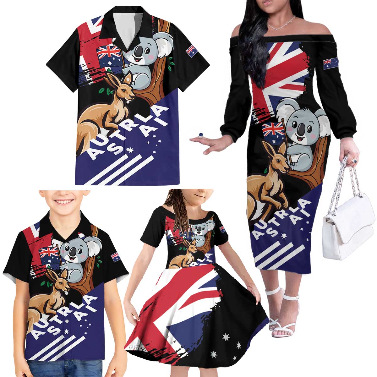 Personalised Australia Kangaroo Koala Together Family Matching Off The Shoulder Long Sleeve Dress and Hawaiian Shirt Special Edition