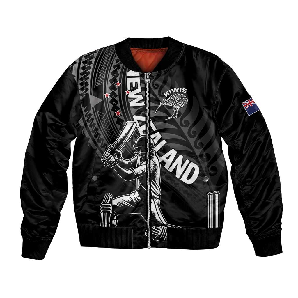 Custom New Zealand Cricket Bomber Jacket Maori Kiwi Black Fern - Vibe Hoodie Shop