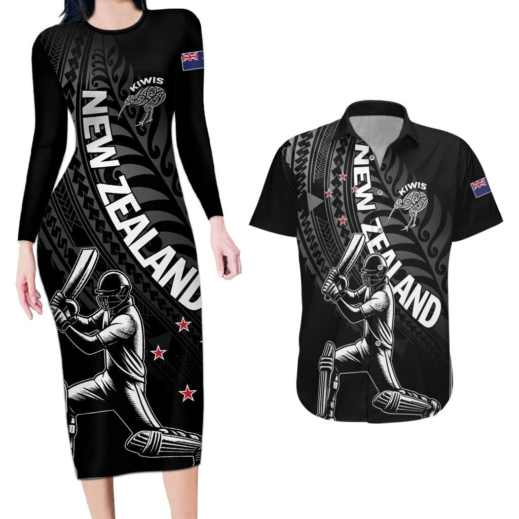 Custom New Zealand Cricket Couples Matching Long Sleeve Bodycon Dress and Hawaiian Shirt Maori Kiwi Black Fern