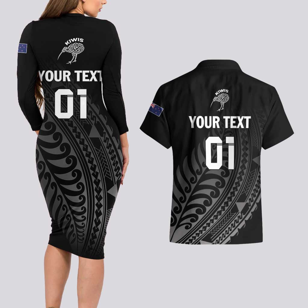 Custom New Zealand Cricket Couples Matching Long Sleeve Bodycon Dress and Hawaiian Shirt Maori Kiwi Black Fern