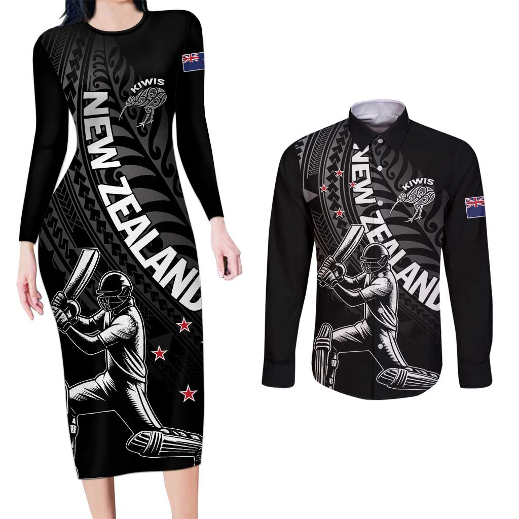 Custom New Zealand Cricket Couples Matching Long Sleeve Bodycon Dress and Long Sleeve Button Shirt Maori Kiwi Black Fern