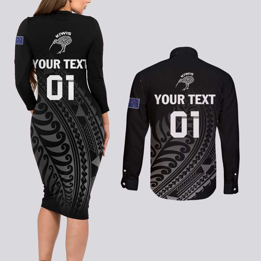 Custom New Zealand Cricket Couples Matching Long Sleeve Bodycon Dress and Long Sleeve Button Shirt Maori Kiwi Black Fern