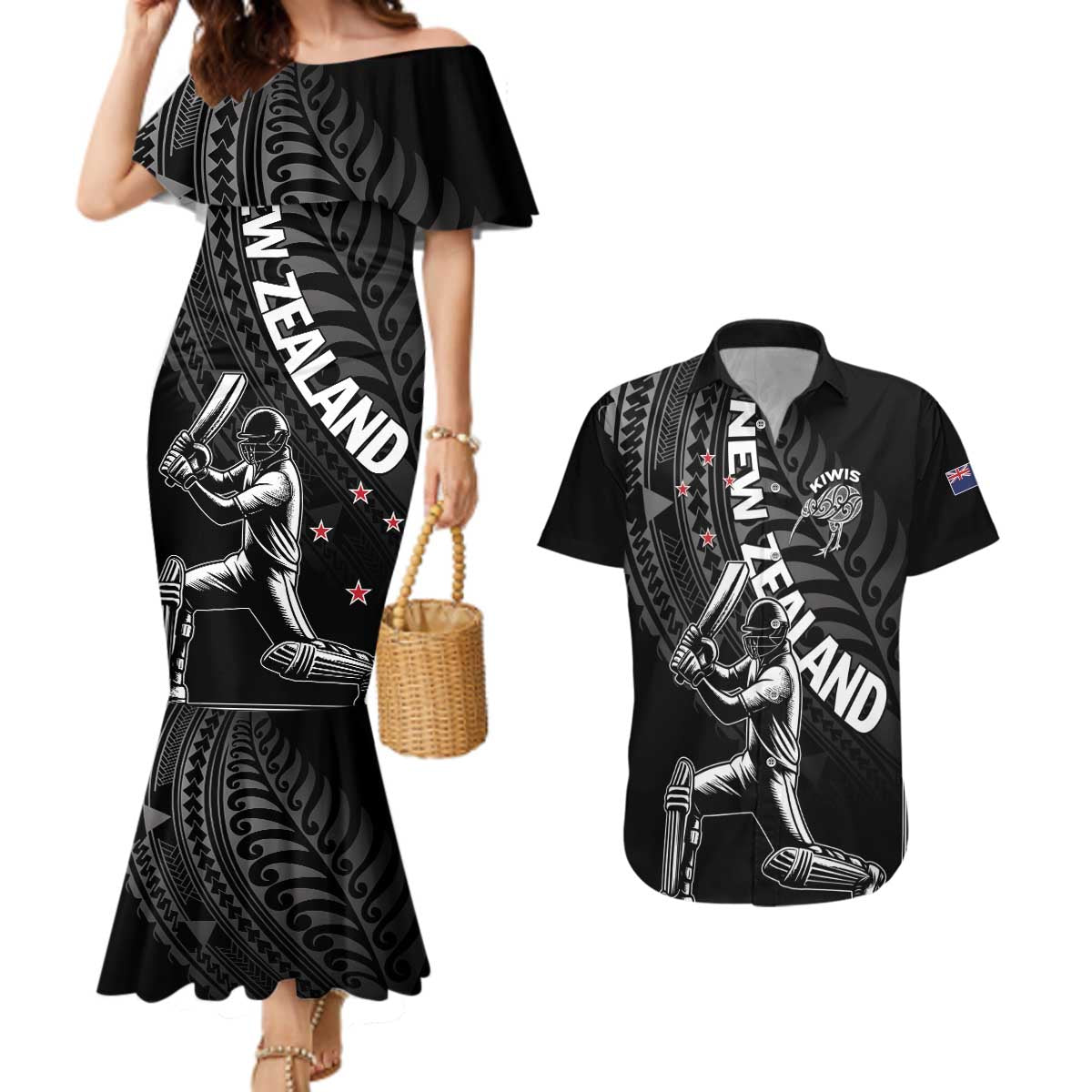 Custom New Zealand Cricket Couples Matching Mermaid Dress and Hawaiian Shirt Maori Kiwi Black Fern