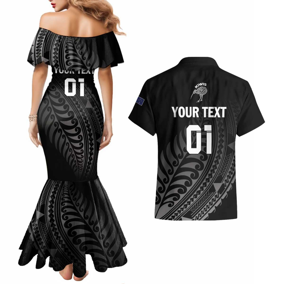 Custom New Zealand Cricket Couples Matching Mermaid Dress and Hawaiian Shirt Maori Kiwi Black Fern