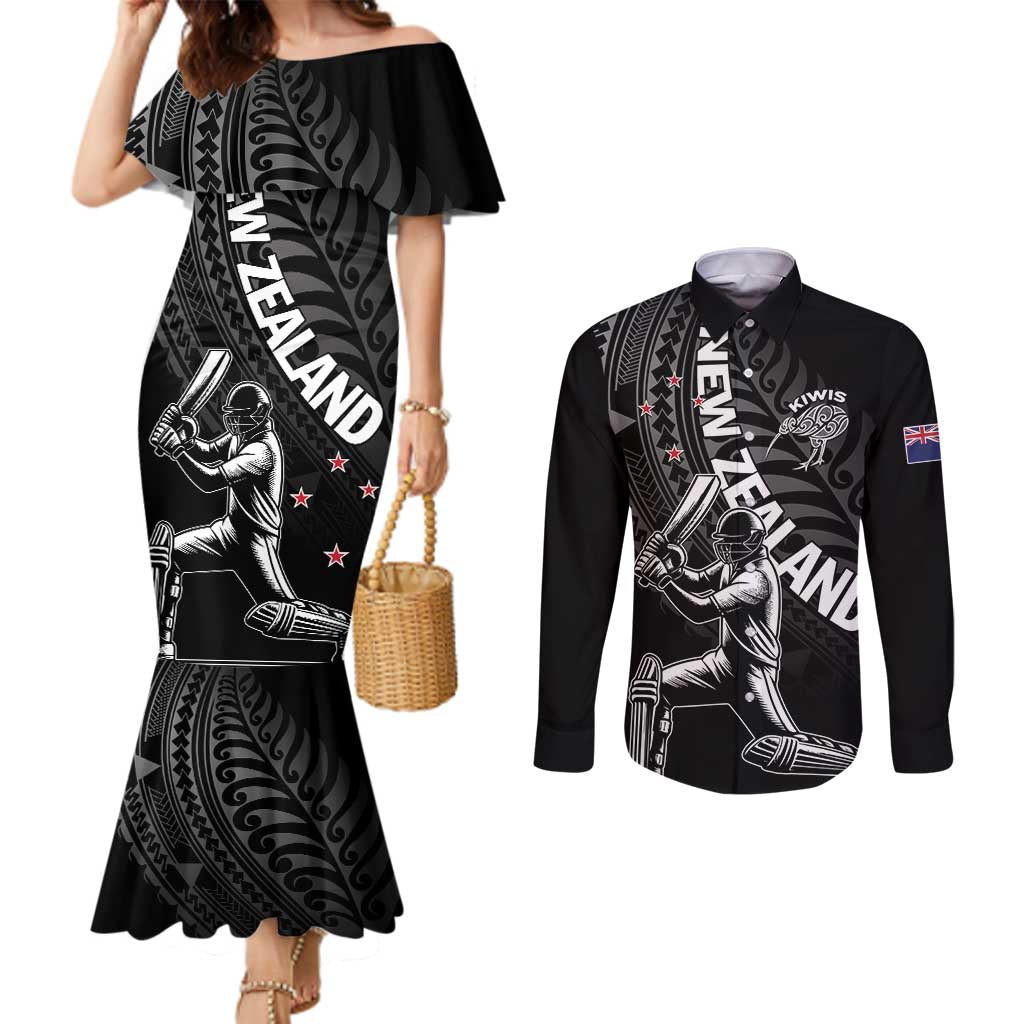 Custom New Zealand Cricket Couples Matching Mermaid Dress and Long Sleeve Button Shirt Maori Kiwi Black Fern