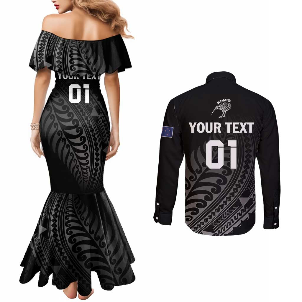 Custom New Zealand Cricket Couples Matching Mermaid Dress and Long Sleeve Button Shirt Maori Kiwi Black Fern