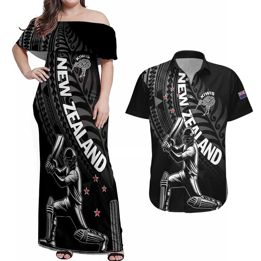 Custom New Zealand Cricket Couples Matching Off Shoulder Maxi Dress and Hawaiian Shirt Maori Kiwi Black Fern