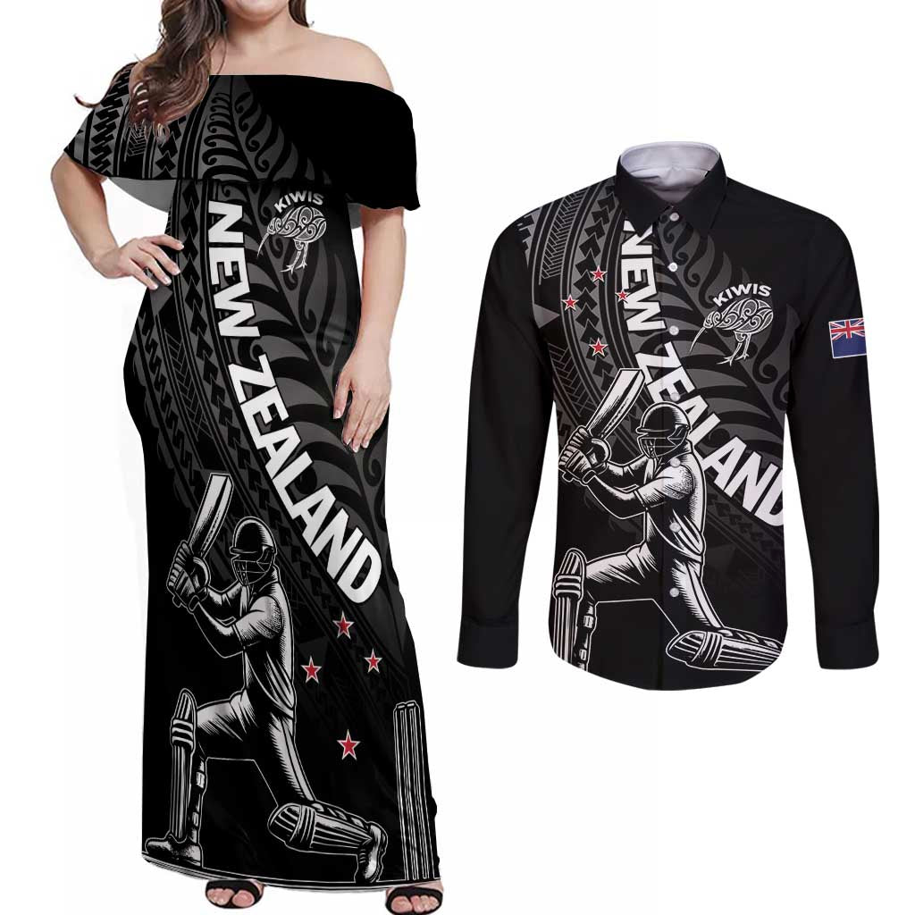 Custom New Zealand Cricket Couples Matching Off Shoulder Maxi Dress and Long Sleeve Button Shirt Maori Kiwi Black Fern