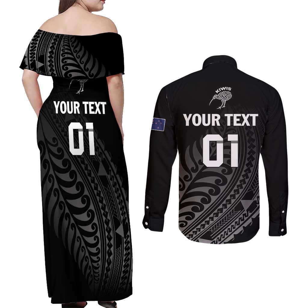 Custom New Zealand Cricket Couples Matching Off Shoulder Maxi Dress and Long Sleeve Button Shirt Maori Kiwi Black Fern