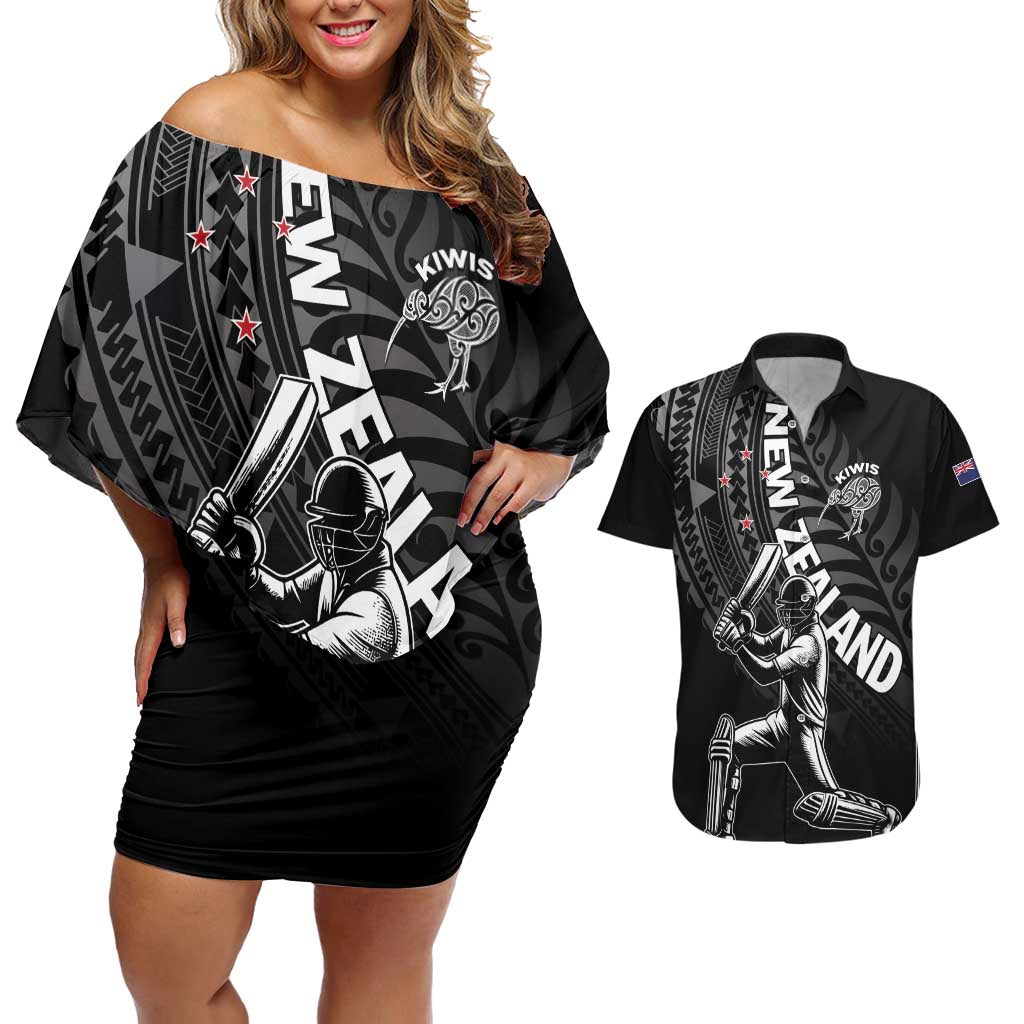 Custom New Zealand Cricket Couples Matching Off Shoulder Short Dress and Hawaiian Shirt Maori Kiwi Black Fern