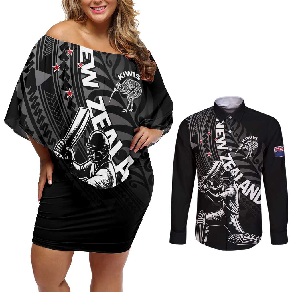 Custom New Zealand Cricket Couples Matching Off Shoulder Short Dress and Long Sleeve Button Shirt Maori Kiwi Black Fern