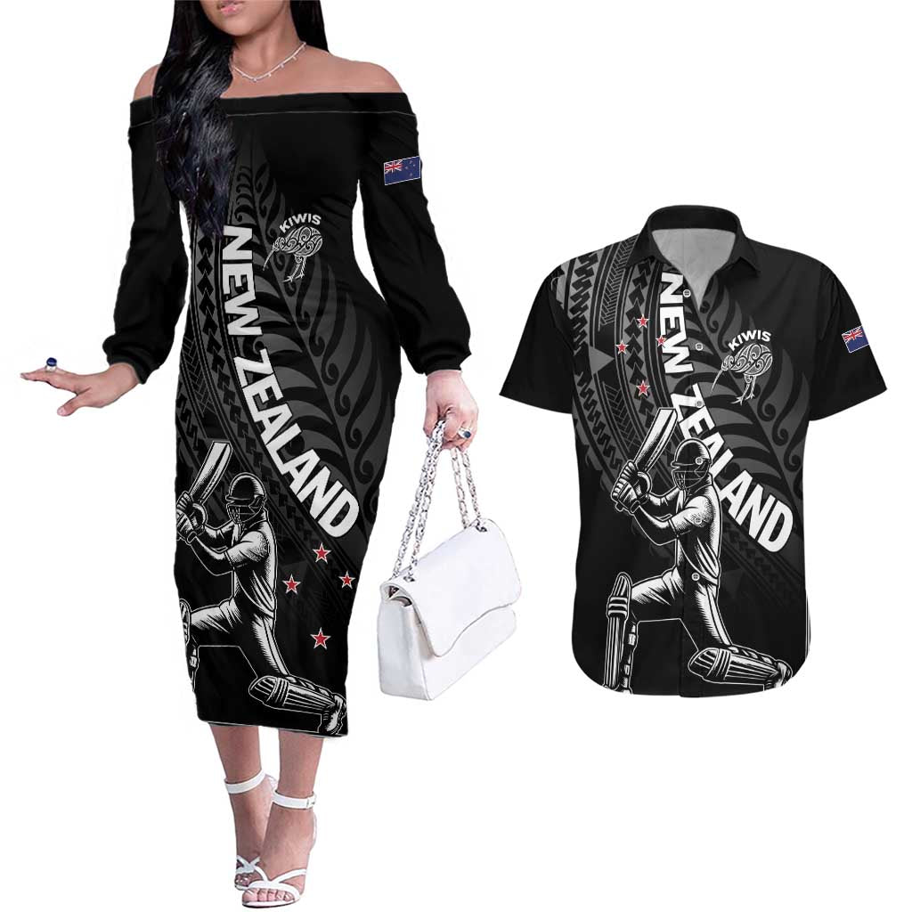 Custom New Zealand Cricket Couples Matching Off The Shoulder Long Sleeve Dress and Hawaiian Shirt Maori Kiwi Black Fern