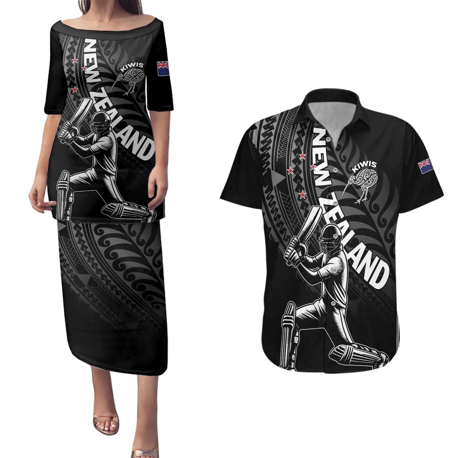 Custom New Zealand Cricket Couples Matching Puletasi and Hawaiian Shirt Maori Kiwi Black Fern