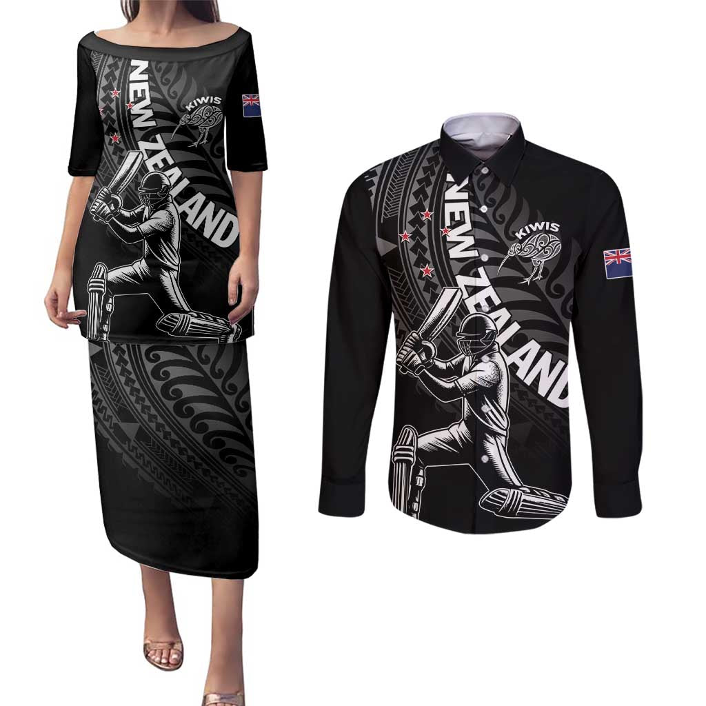 Custom New Zealand Cricket Couples Matching Puletasi and Long Sleeve Button Shirt Maori Kiwi Black Fern