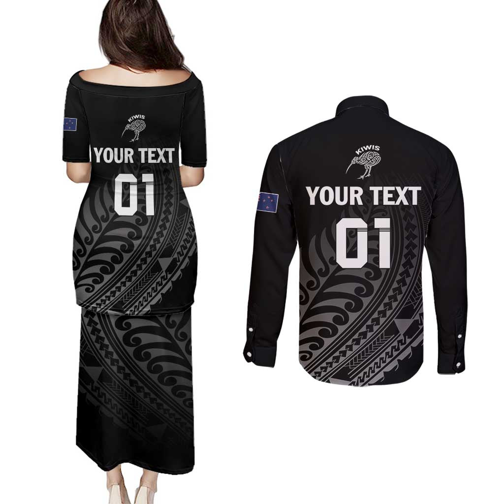 Custom New Zealand Cricket Couples Matching Puletasi and Long Sleeve Button Shirt Maori Kiwi Black Fern